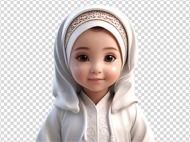 PSD ein süßes 3d-baby-mädchen in einem weißen islamischen anzug png