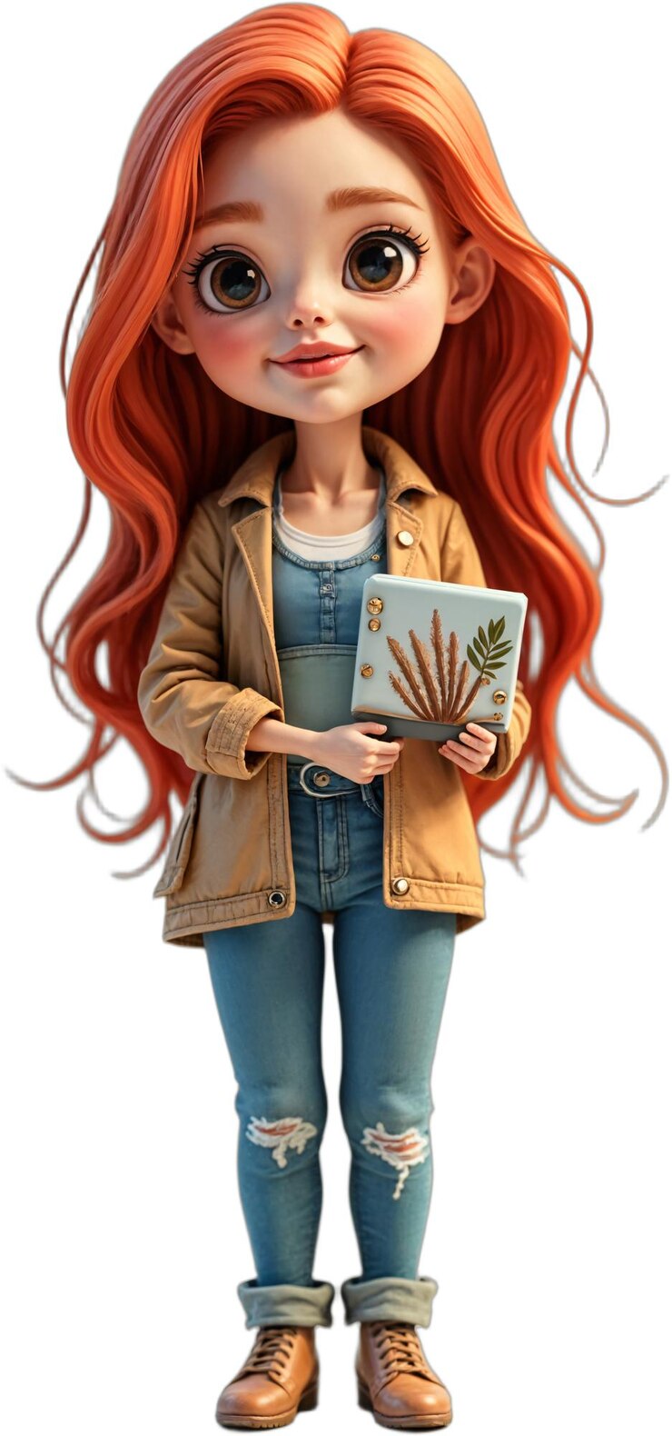 PSD ein süßes cartoon-mädchen mit roten haaren, gekleidet in lässiger kleidung, hält eine tablette mit pflanzenillustrationen, die darauf hindeuten, dass sie eine botanikerin oder künstlerin ist, isoliert auf durchsichtigem hintergrund