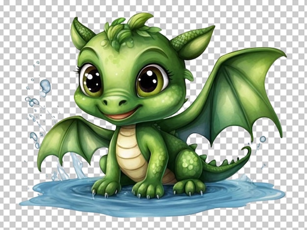 Ein süßes grünes baby, ein kleiner drache, der auf einem wasserspritz sitzt.