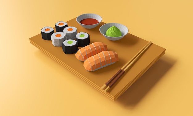 ein Tablett mit Sushi und Sushi mit Stäbchen darauf