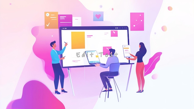 PSD ein team arbeitet an einem projekt mit einer großen digitalen tafel zusammen
