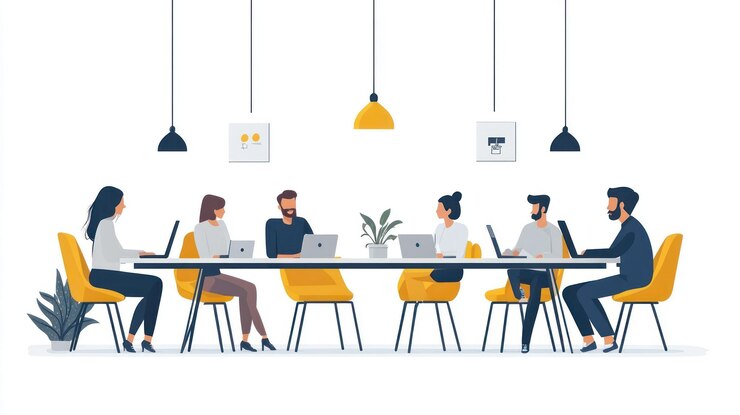 PSD ein team von sechs personen arbeitet an laptops an einem langen tisch in einem modernen büro