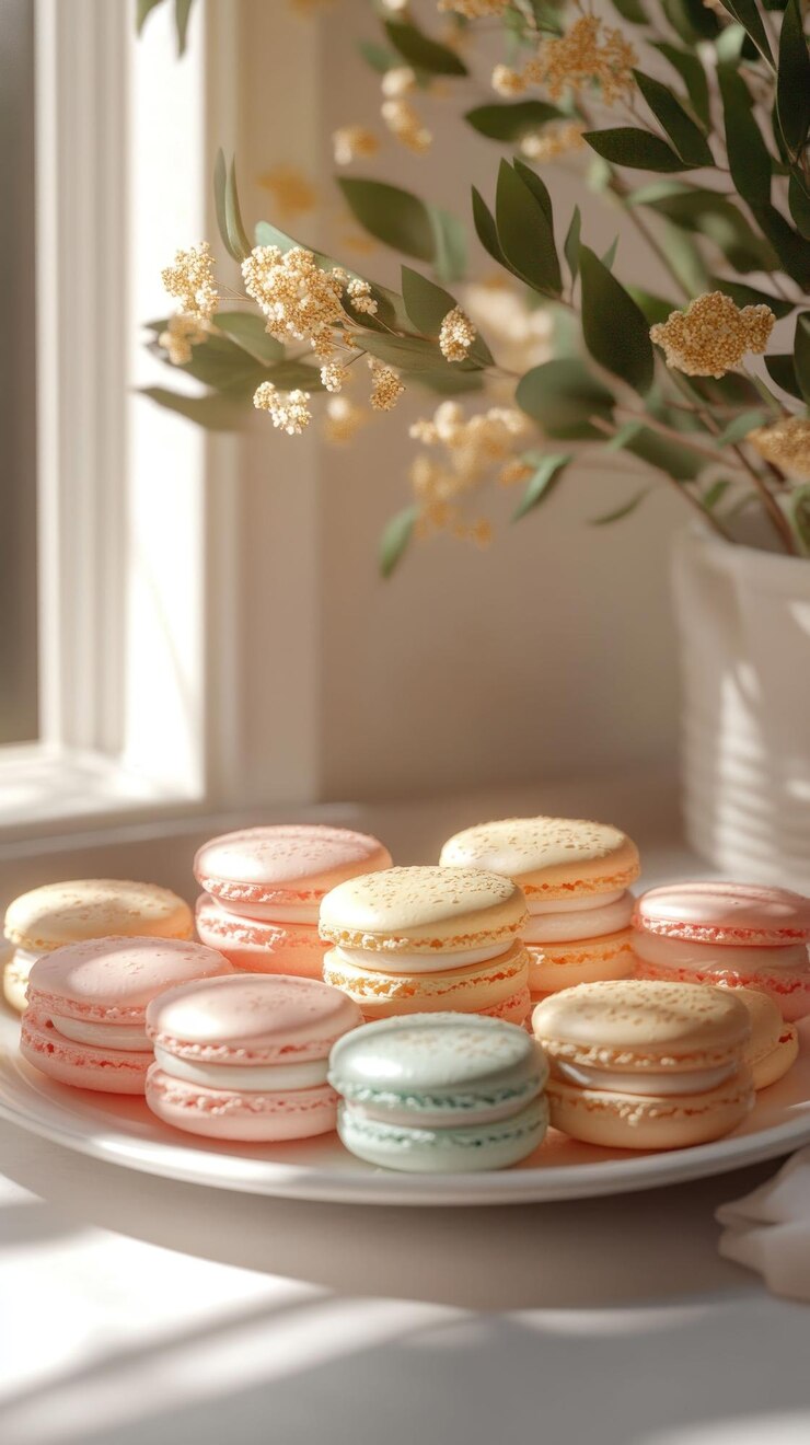 PSD ein teller mit bunten macarons sitzt auf einem fensterbrett, das im sonnenlicht gebadet ist, mit einer vase mit grünen blumen im hintergrund