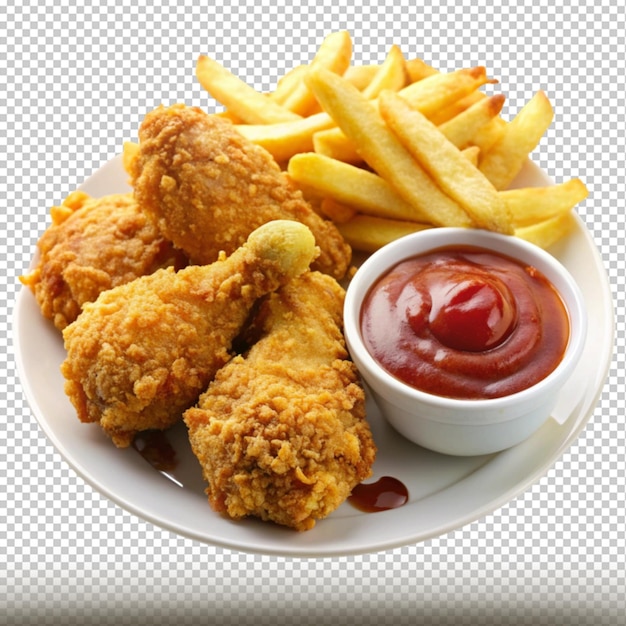 ein Teller mit Essen, einer Tasse Ketchup und Pommes Frites