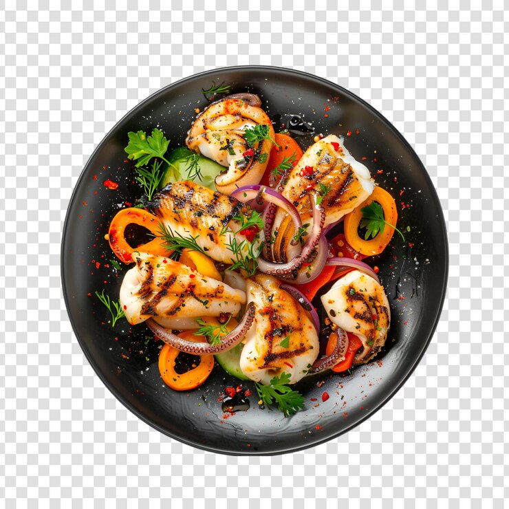 PSD ein teller mit gegrilltem grill octopus mit gemüse und gewürzen mit weißem hintergrund