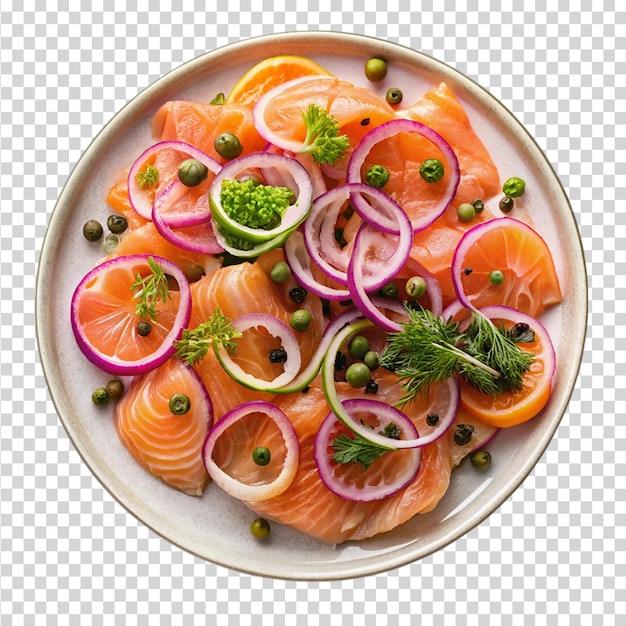 Ein Teller mit geräuchertem Lachs mit Kapern und roter Zwiebel auf durchsichtigem Hintergrund
