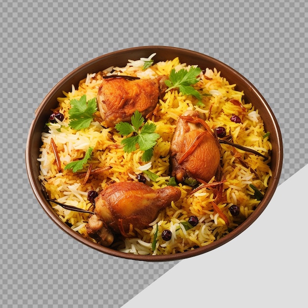 PSD ein teller mit hühnerbiryani mit hühnchen und gewürzen, isoliert auf transparentem hintergrund