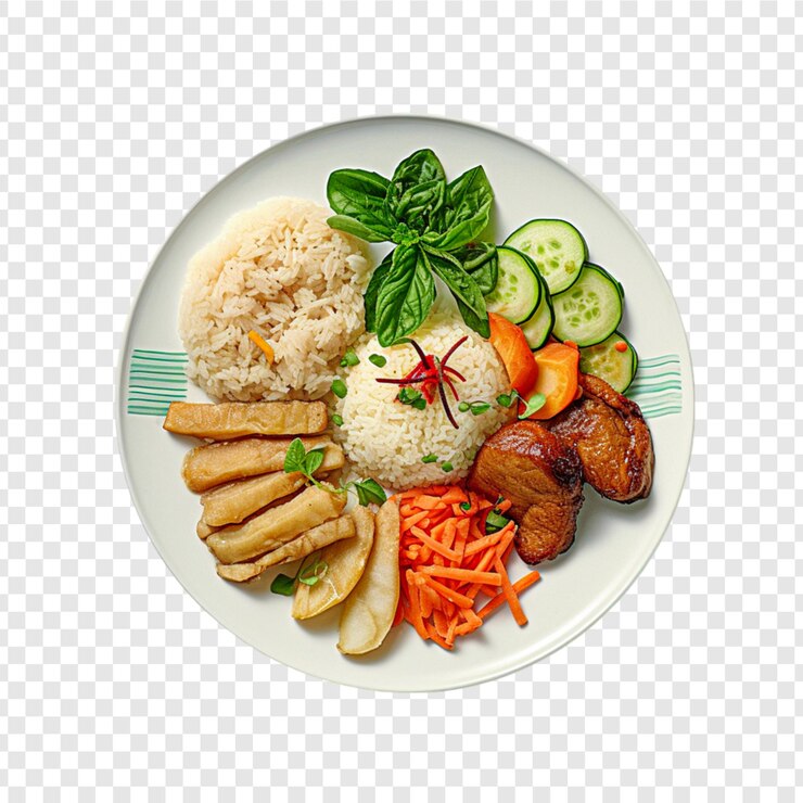 PSD ein teller mit reis, gemüse und fleisch, das auf einem durchsichtigen hintergrund isoliert ist