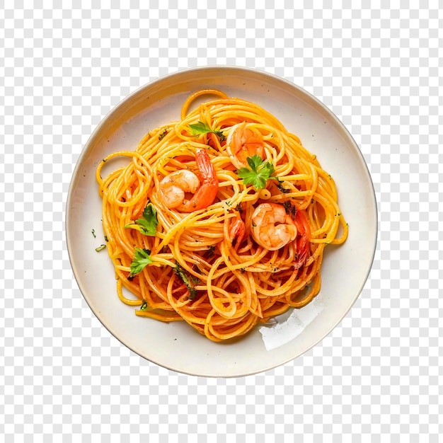 ein Teller mit Spaghetti, Garnelen und Gemüse, Pasta mit Tomatensauce