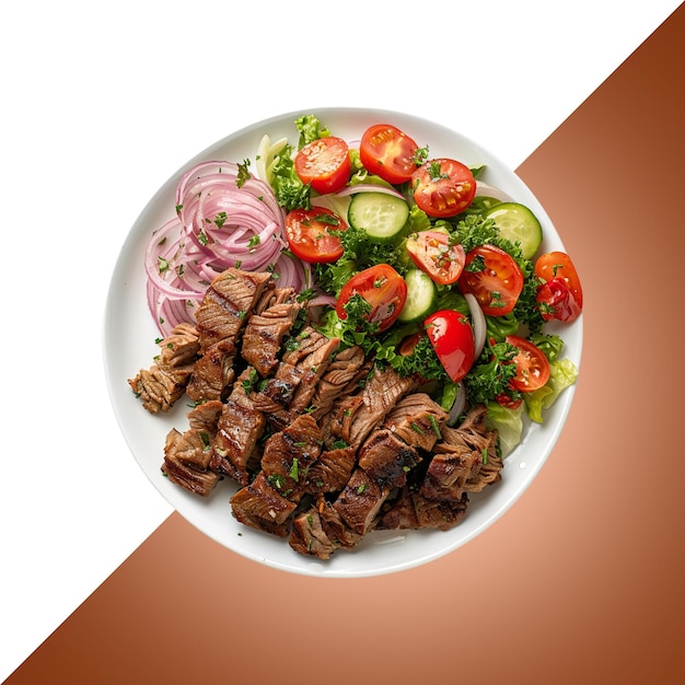 ein Teller mit Steaks, Tomaten und Gurken