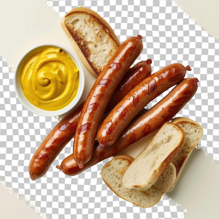 PSD ein teller mit wurst und ein behälter mit senf