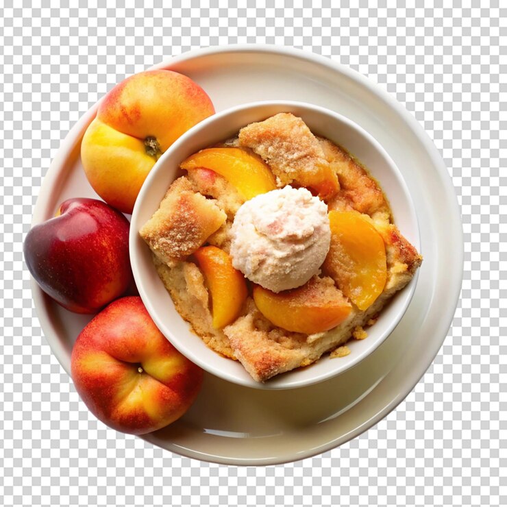 PSD ein top-view-pfirsich-cobbler in weißer platte isolierter weißer hintergrund