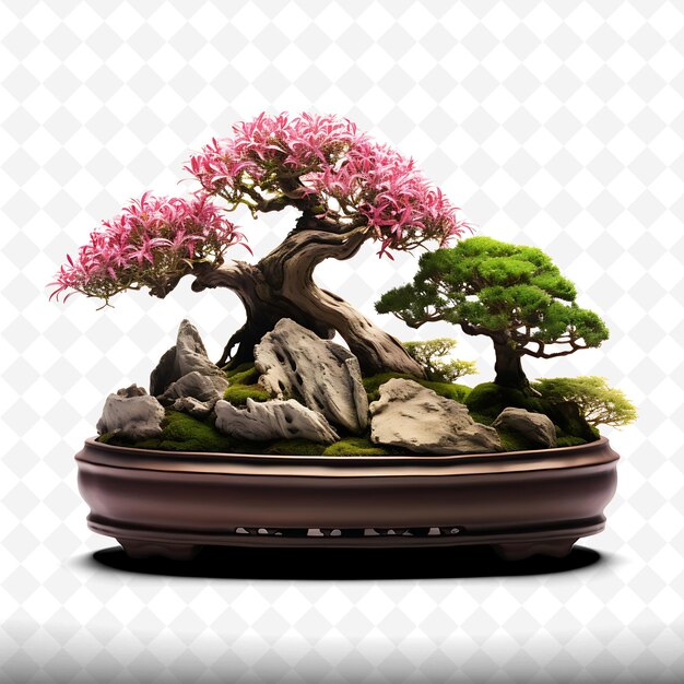 Ein topf mit einem bonsai-baum darauf und einem weißen hintergrund