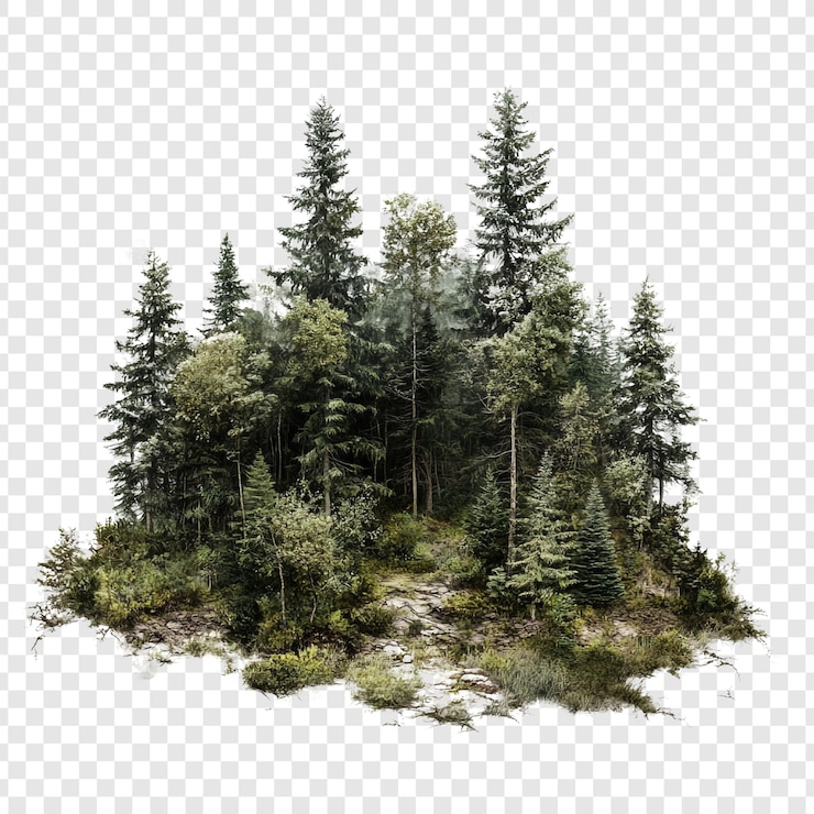 PSD ein üppiger, immergrüner wald mit nebel