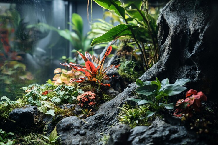 PSD ein üppiges tropisches terrarium mit lebendigen pflanzen und felsen