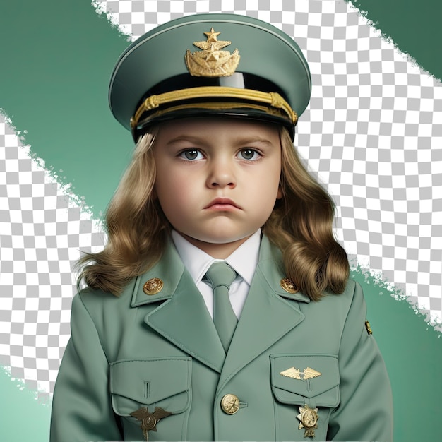 PSD ein verlegenes kind mit langen haaren aus slawischer ethnie, gekleidet in armeeoffizierkleidung, posiert in einem intensiven direktblick-stil vor einem pastellmint-hintergrund