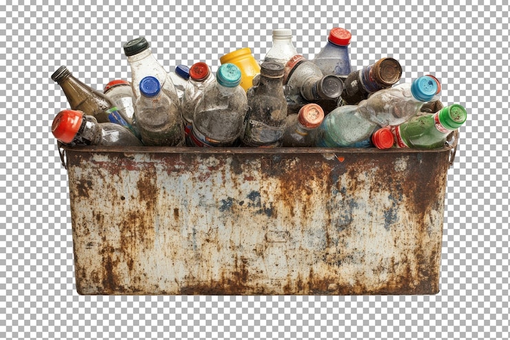 PSD ein verwitterter behälter, der tagsüber mit verschiedenen plastikflaschen an einem recyclingplatz im freien überfüllt ist
