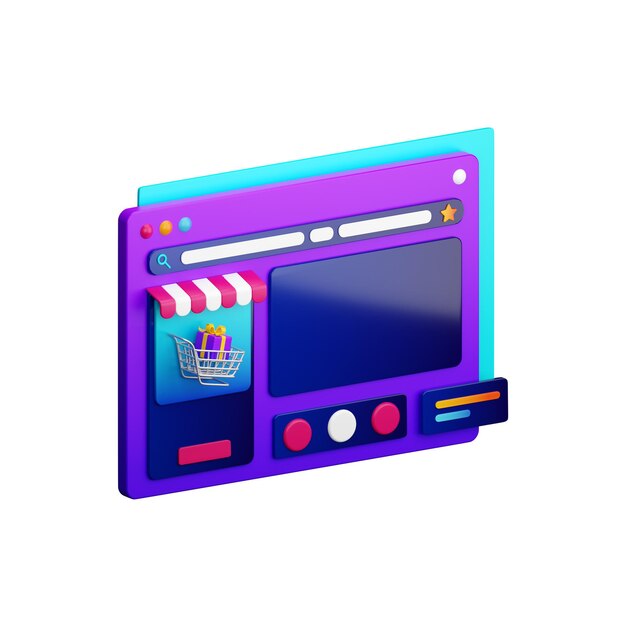 Ein violettes Display mit einem Einkaufswagen darauf 3D-Renderdarstellung isoliert transparent