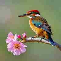 PSD ein vogel mit gelbem kopf und roten federn sitzt auf einem ast mit einer blume im hintergrund