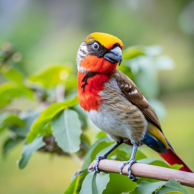 Ein vogel mit gelbem kopf und roten federn sitzt auf einem ast mit einer blume im hintergrund