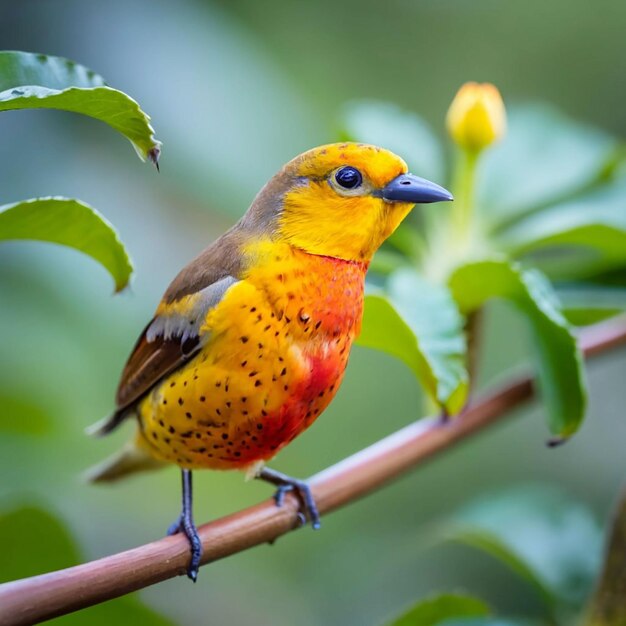 PSD ein vogel mit gelbem kopf und roten federn sitzt auf einem ast mit einer blume im hintergrund