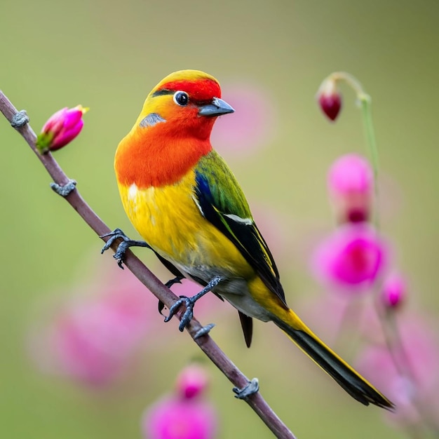 Ein vogel mit gelbem kopf und roten federn sitzt auf einem ast mit einer blume im hintergrund