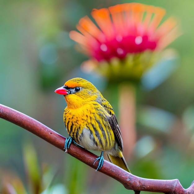 PSD ein vogel mit gelbem kopf und roten federn sitzt auf einem ast mit einer blume im hintergrund