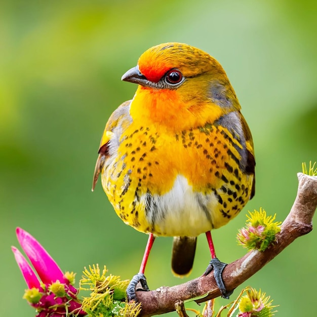 PSD ein vogel mit gelbem kopf und roten federn sitzt auf einem ast mit einer blume im hintergrund