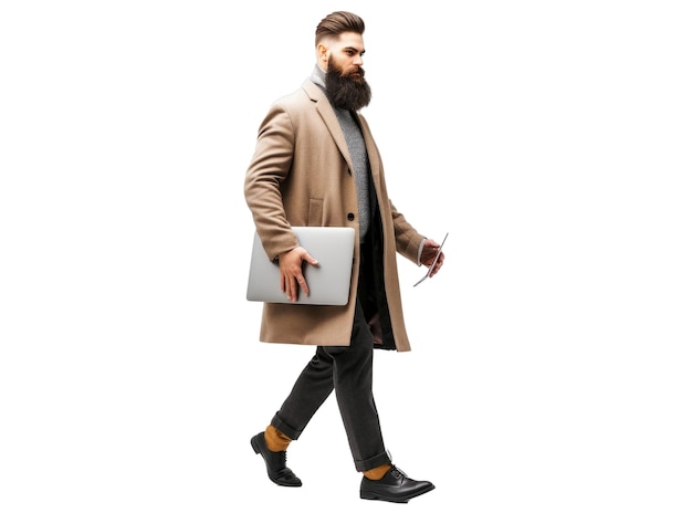 Ein vollständiges Porträt eines selbstbewussten bärtigen Mannes in einem Mantel, der beim Gehen einen Laptop hält