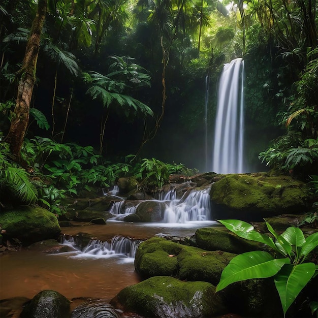 ein Wasserfall im Dschungel ist von üppigen tropischen Pflanzen umgeben