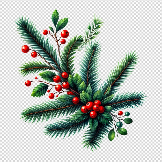 PSD ein weihnachtsbaumzweig mit beeren auf einem transparenten hintergrund