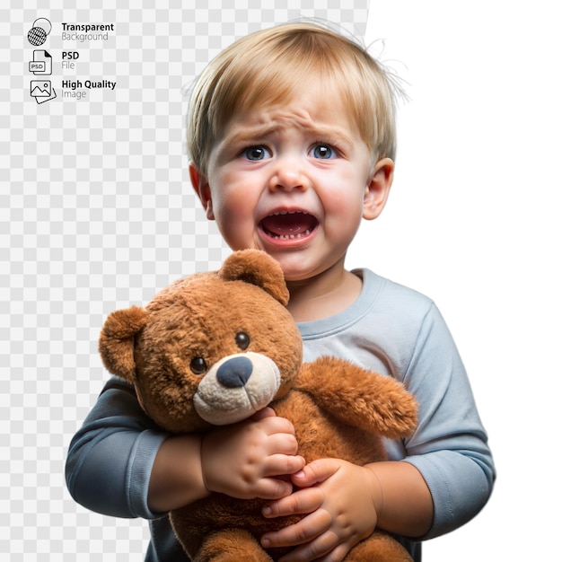 PSD ein weinendes kind hält einen teddybären auf einem durchsichtigen hintergrund