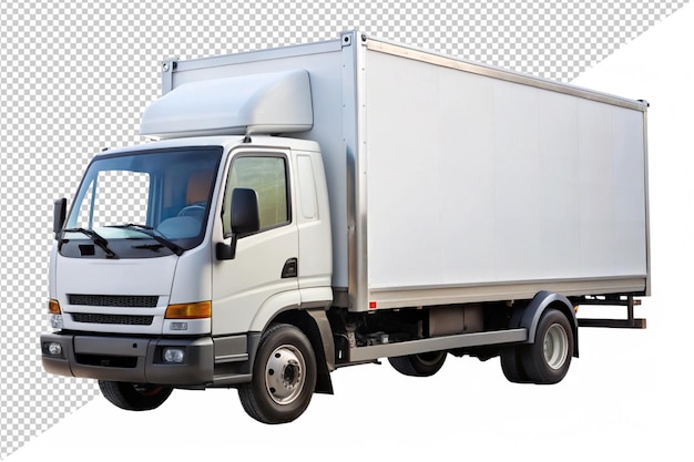 ein weißer Lastwagen mit einer weißen Schachtel auf der Vorderseite und dem Wort auf der Seite