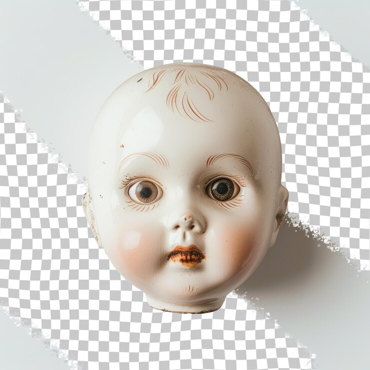 ein weißer Puppenkopf mit roten Lippen und einem weißen Hintergrund mit einem Bild eines Babygesichts darauf