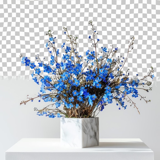 PSD ein weißer tisch mit einer vase mit blauen blumen darauf