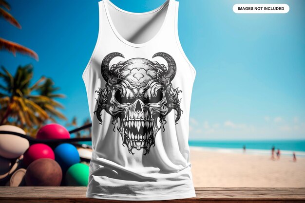 Ein weißes tanktop mit einem totenkopf und hörnern darauf