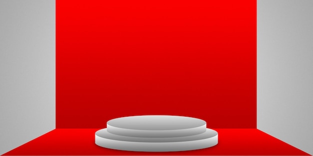 ein weißes und rotes Podium mit rotem Hintergrund und einem roten Hintergrund