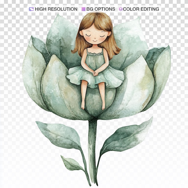 Ein wunderbares Aquarellbild von einem Mädchen, das auf einer riesigen Blume sitzt