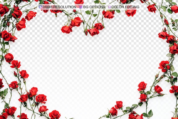 Ein zart herzförmiger Zopf aus winzigen roten Rosen auf weißem Hintergrund