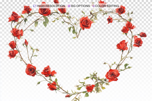 Ein zart herzförmiger Zopf aus winzigen roten Rosen auf weißem Hintergrund