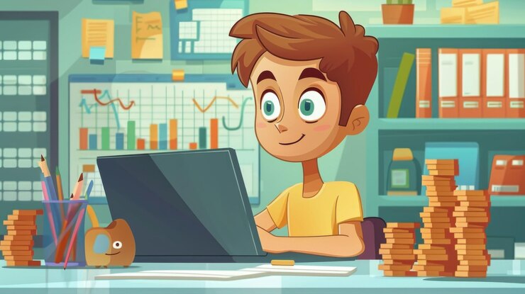 PSD ein zeichentrickfilmjunge sitzt an seinem schreibtisch und benutzt einen laptop mit einem stapel geld auf seinem tisch