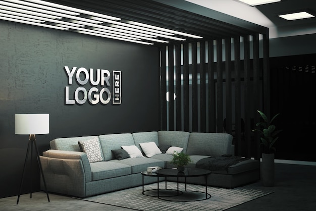 PSD ein zimmer mit einer couch und einem couchtisch, auf dem ihr logo steht