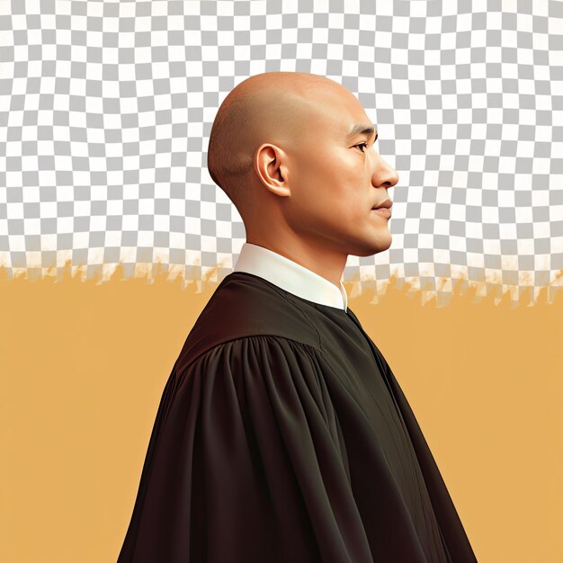 Ein zufriedener erwachsener mann mit kahlen haaren aus der südostasiatischen ethnie, der in richterkleidung gekleidet ist, posiert in einem profil-silhouette-stil vor einem pastell-zitronen-hintergrund