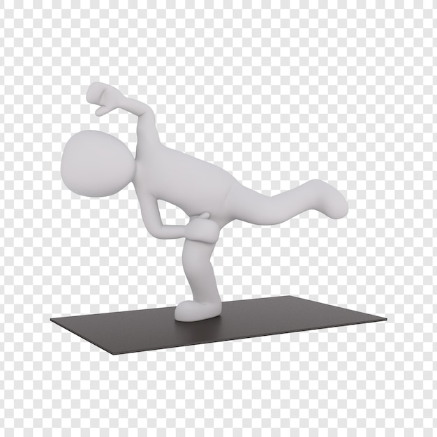 Eine 3D-Cartoonfigur, die eine Yoga-Balance-Pose auf einer Matte ausführt
