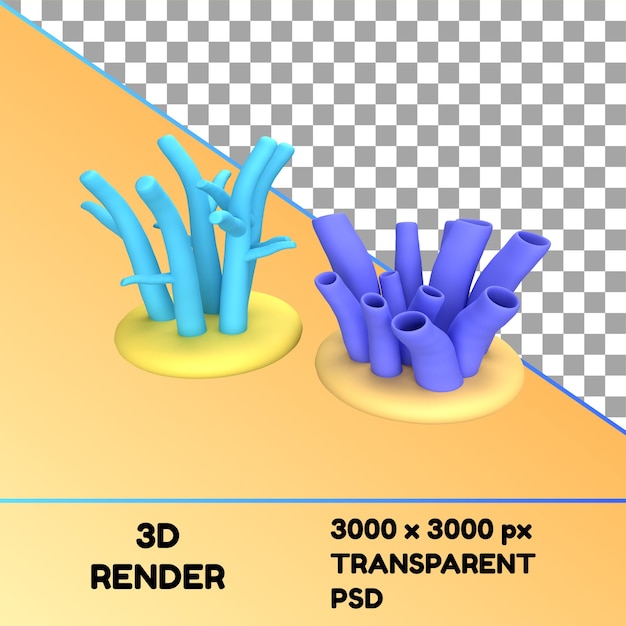 Eine 3D-Darstellung einiger Korallen und eines blauen Objekts.