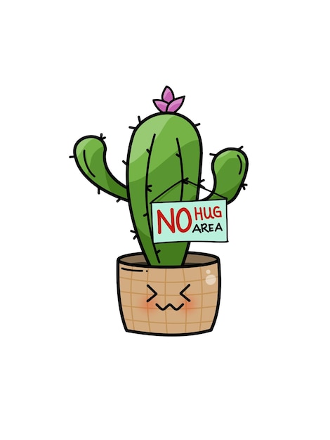 eine animierte Zeichnung eines Sukkulenten-Kaktus mit rosa Blüte und einem Schild, auf dem steht: "Keine Umarmung"