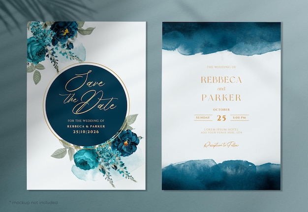 Eine Aquarell-Hochzeitseinladung mit marineblauen und aquamarinen Blumen