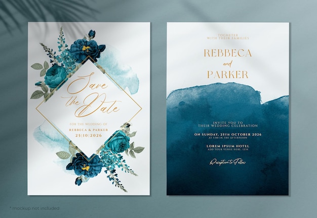 Eine Aquarell-Hochzeitseinladung mit marineblauen und aquamarinen Blumen