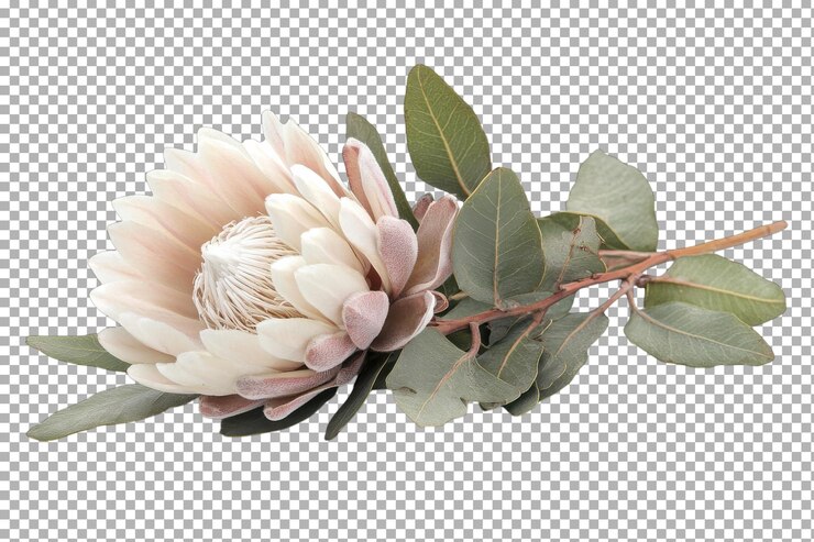 PSD eine atemberaubende protea-blumen mit zarten blütenblättern und üppig grünen blättern, die anmutig auf einem einfachen weißen hintergrund angeordnet sind