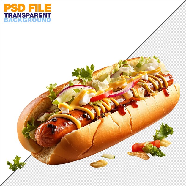 PSD eine atemberaubende szene mit einem hotdog, der auf einem durchsichtigen hintergrund isoliert ist